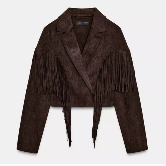 ZARA Fringe Faux Suede Jacket Brown Size Small S NEW - Picture 2 of 16